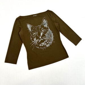 vintage brown cropped sleeve top with silver cat print